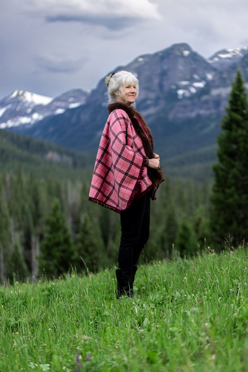 Peppermint Wool Wrap, Bison-Trimmed Shawl