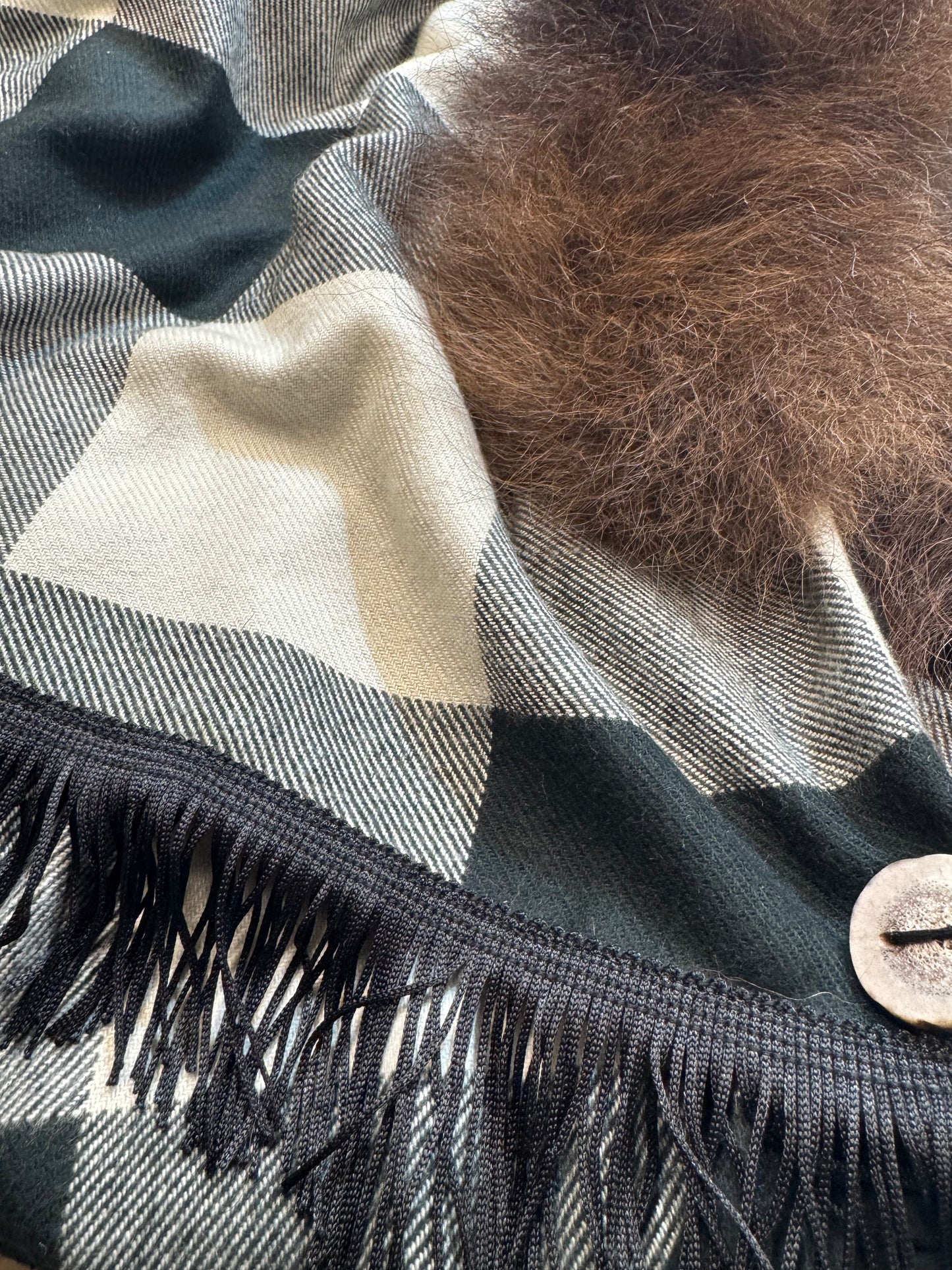 Buffalo Plaid Checked Bison-Trimmed Shawl