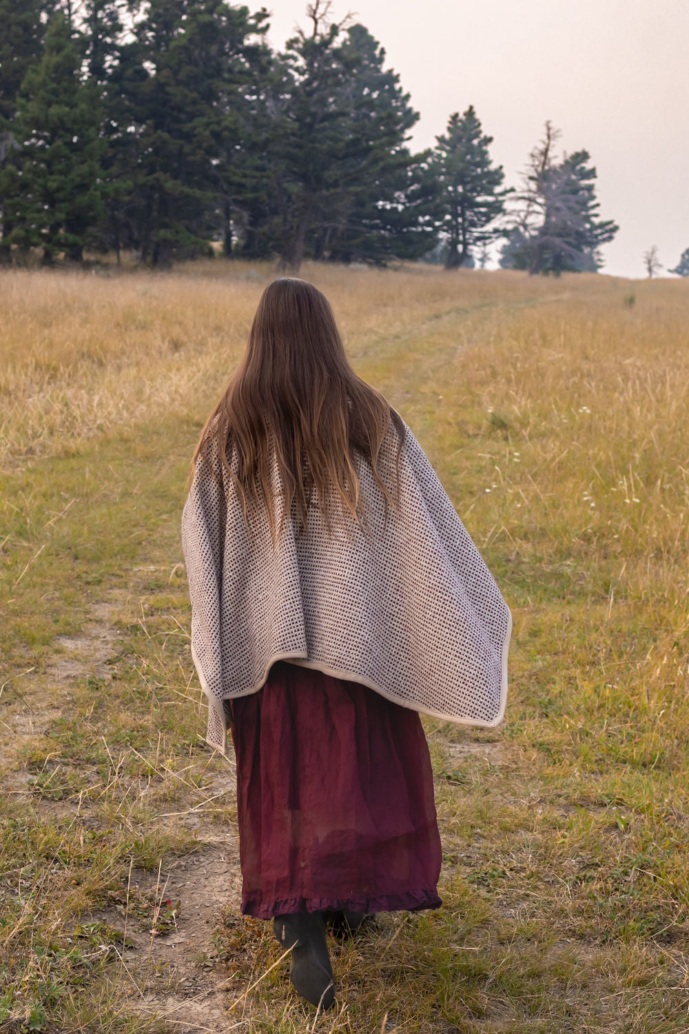 Walk the Fields with Me Woven-Wool Bison-Trimmed Shawl