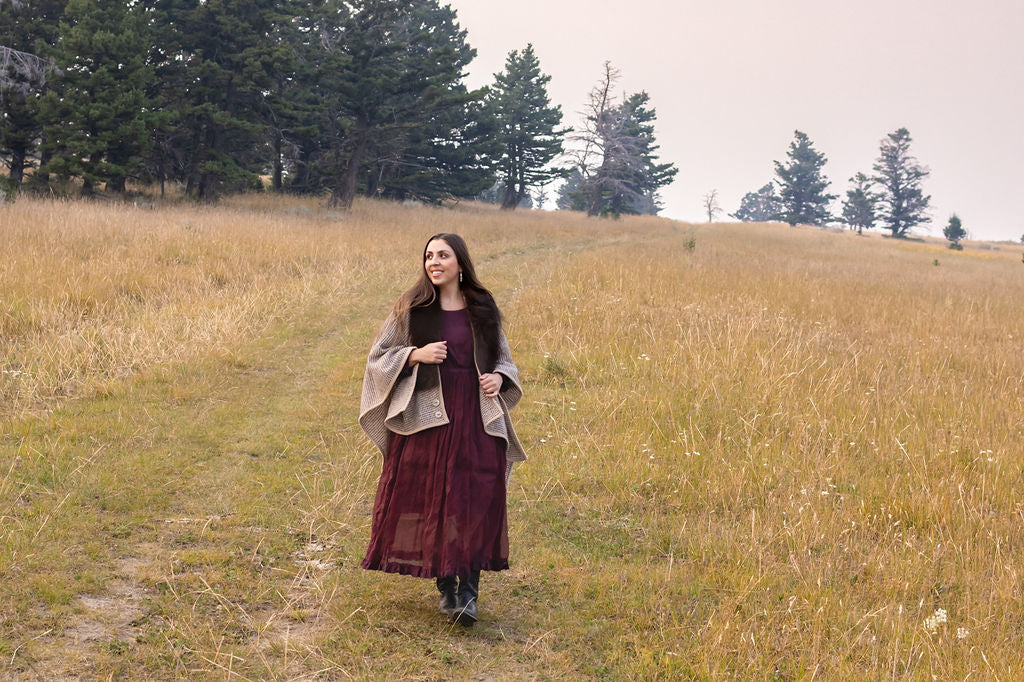 Walk the Fields with Me Woven-Wool Bison-Trimmed Shawl