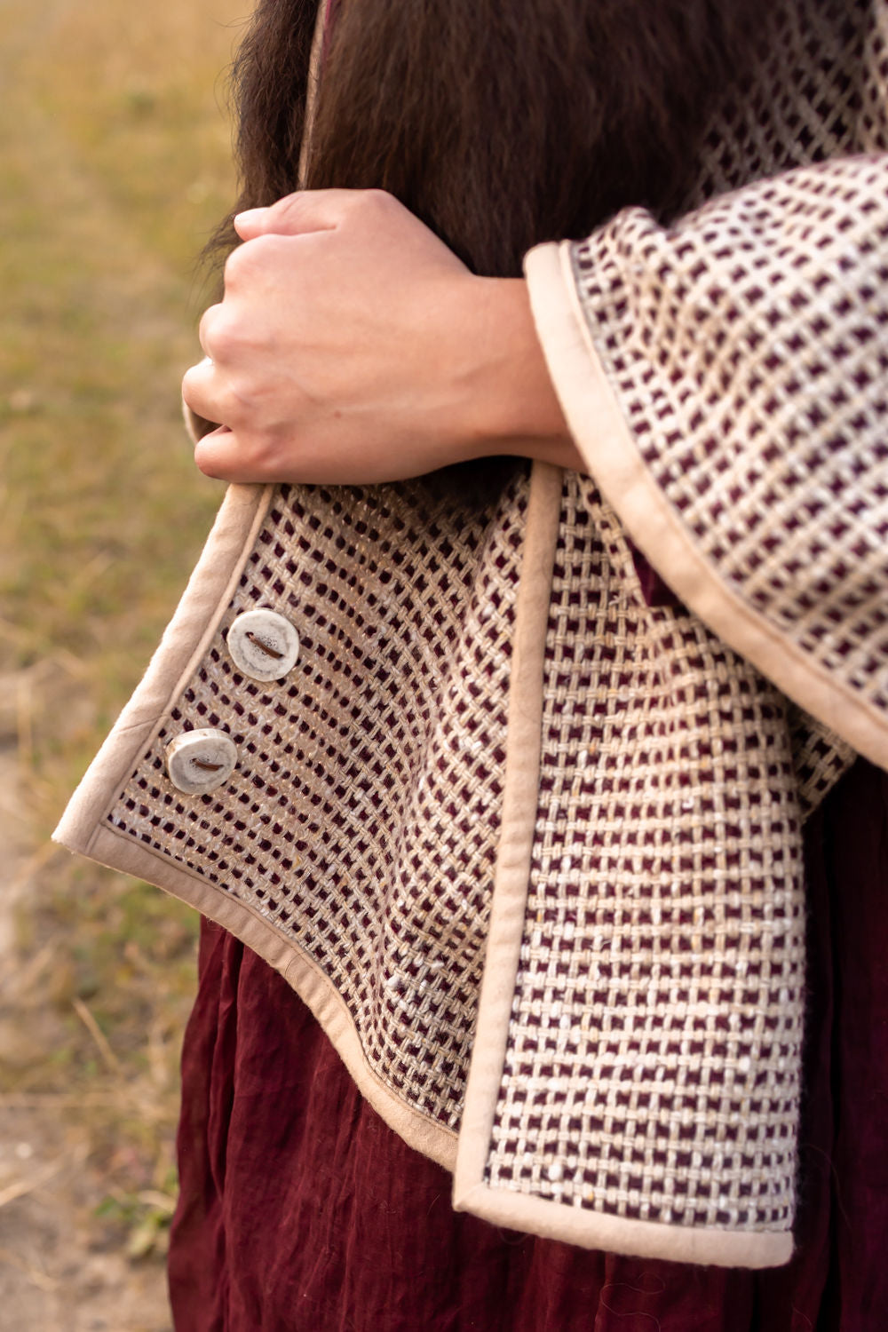Walk the Fields with Me Woven-Wool Bison-Trimmed Shawl