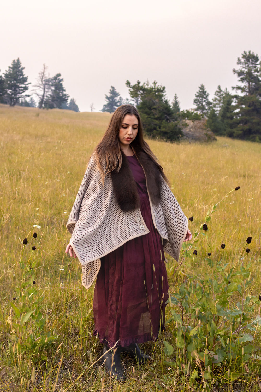 Walk the Fields with Me Woven-Wool Bison-Trimmed Shawl