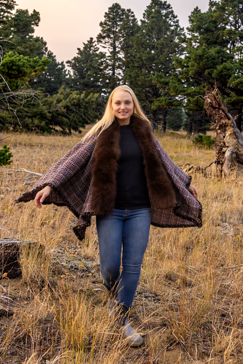 Color Me Happy Woven-Wool Bison-Trimmed Shawl