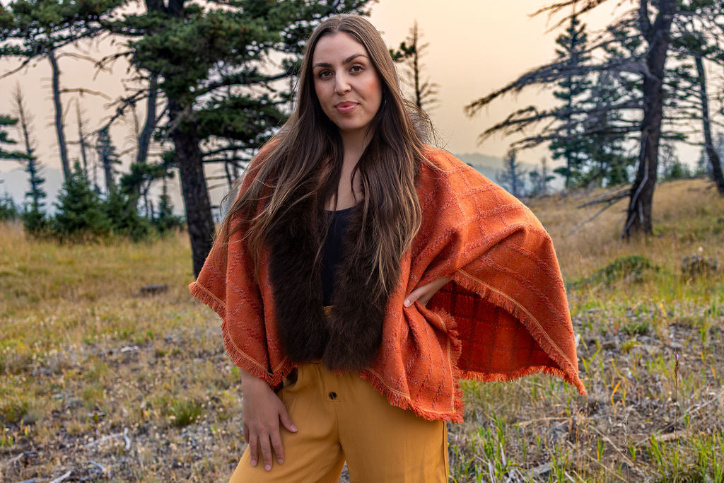 Pumpkin Moon Woven-Wool-Shawl with Bison Trim