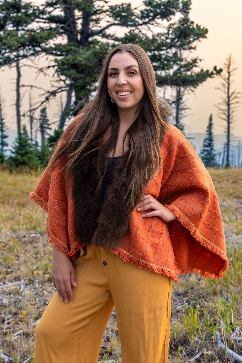 Pumpkin Moon Woven-Wool-Shawl with Bison Trim