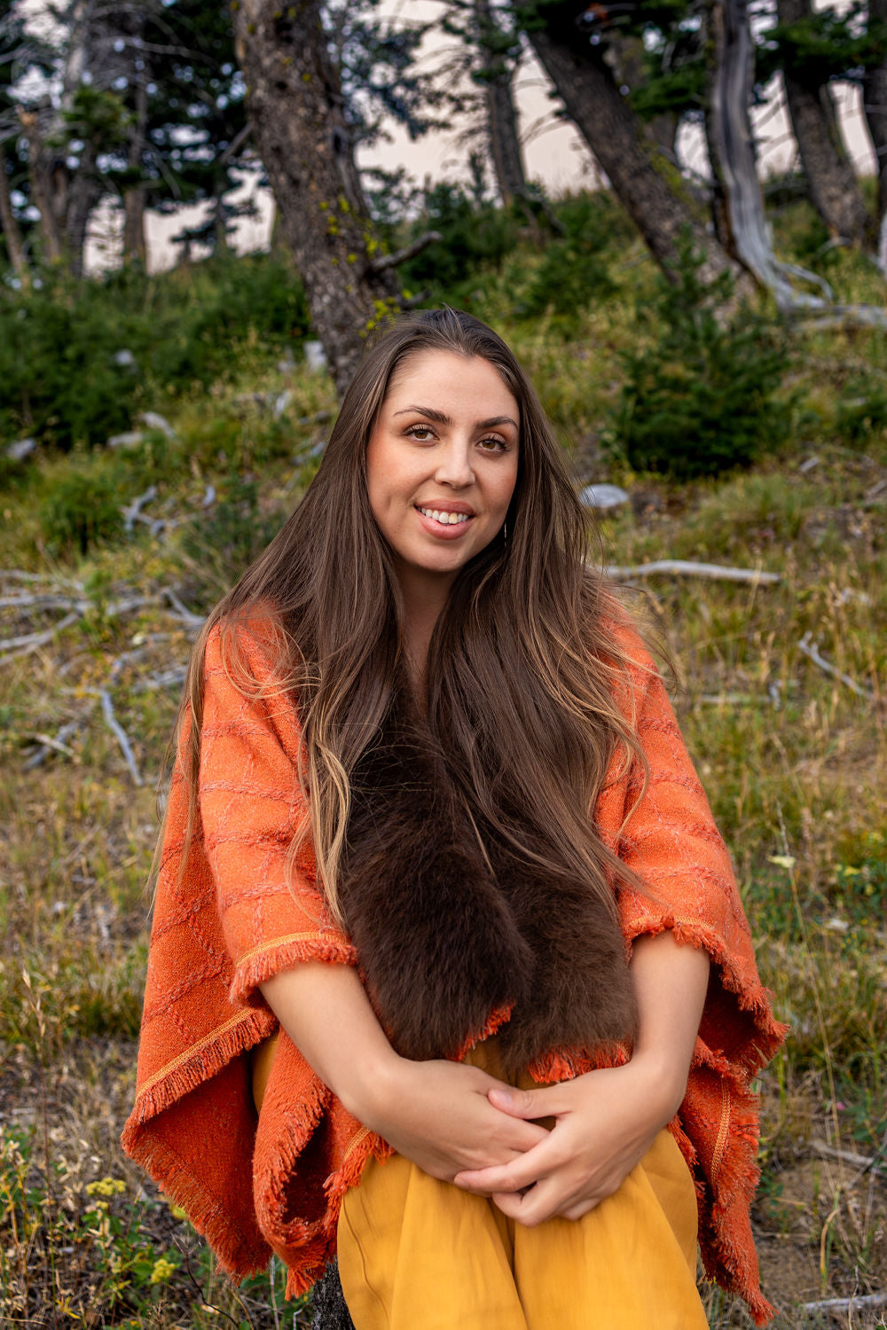 Pumpkin Moon Woven-Wool-Shawl with Bison Trim