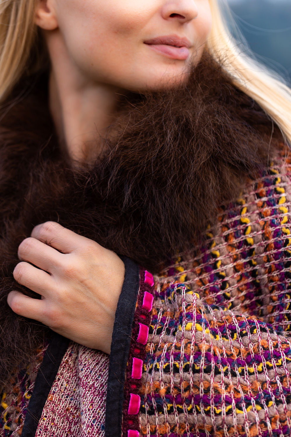 Montana Sunset Woven Wool Shawl with Bison Trim