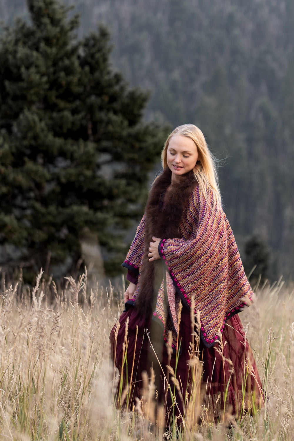 Montana Sunset Woven Wool Shawl with Bison Trim