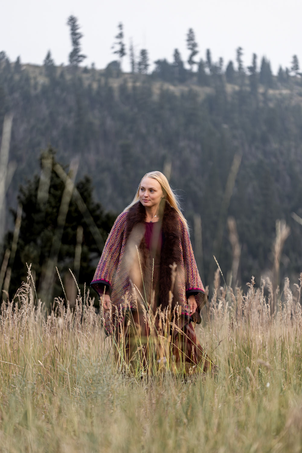 Montana Sunset Woven Wool Shawl with Bison Trim