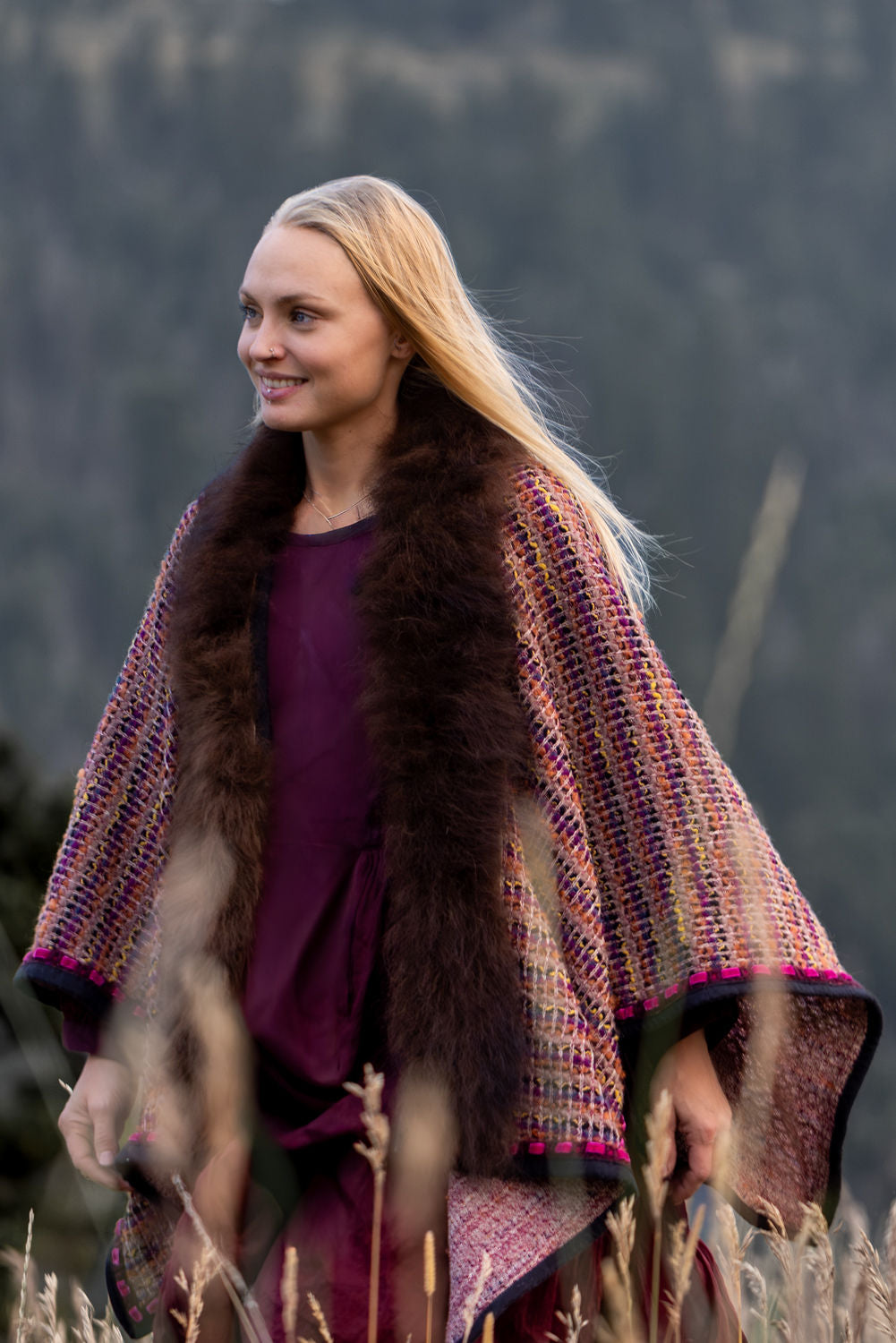 Montana Sunset Woven Wool Shawl with Bison Trim