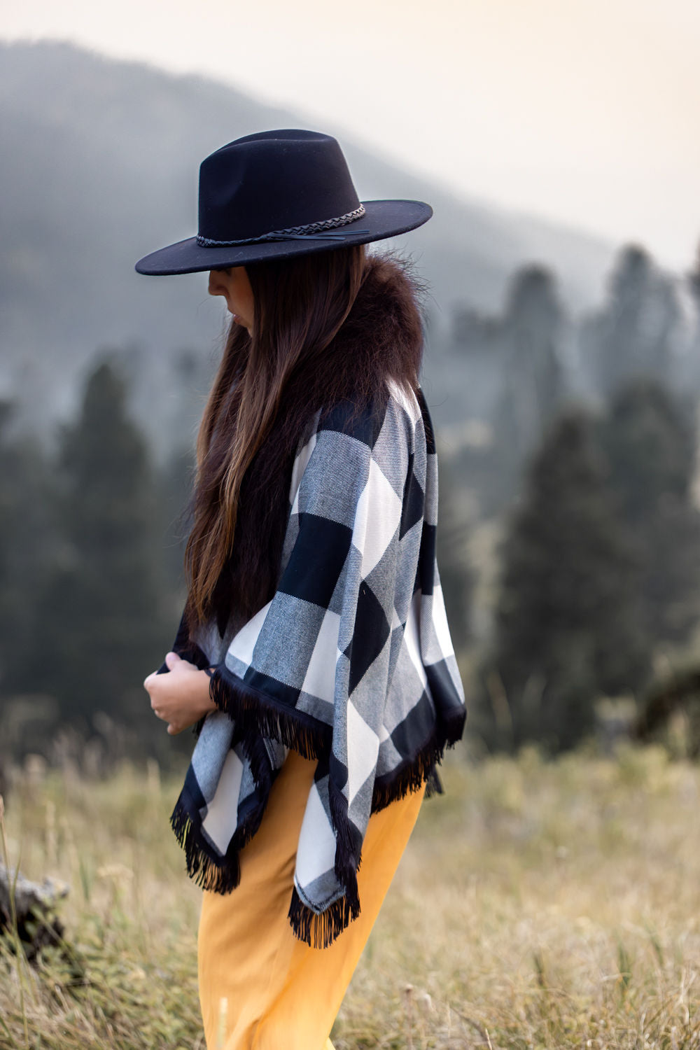 Buffalo Plaid Checked Bison-Trimmed Shawl