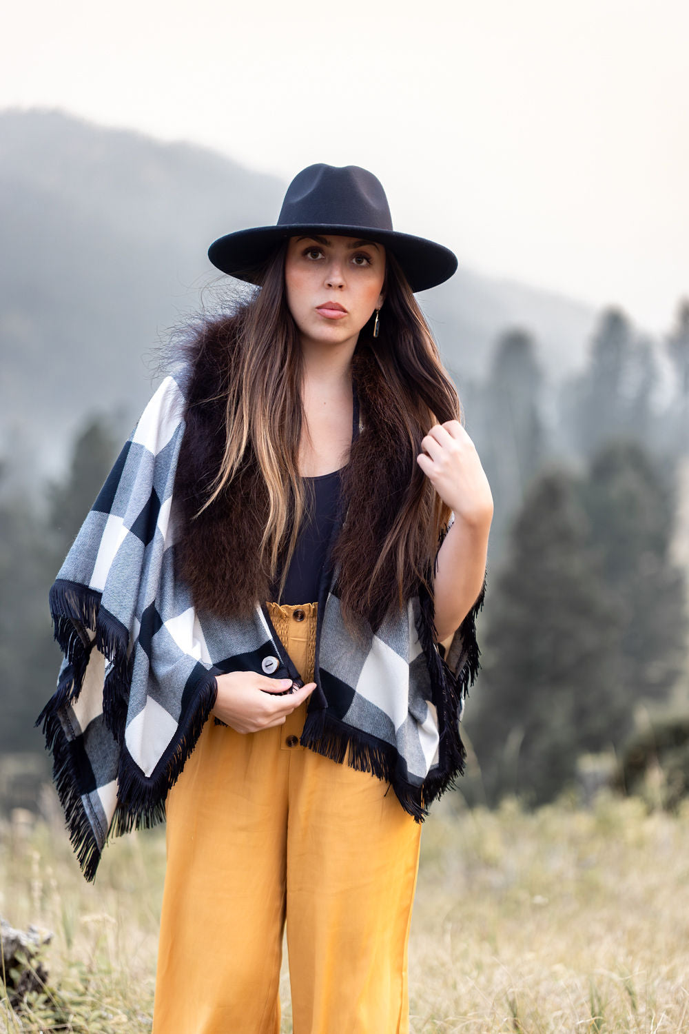 Buffalo Plaid Checked Bison-Trimmed Shawl
