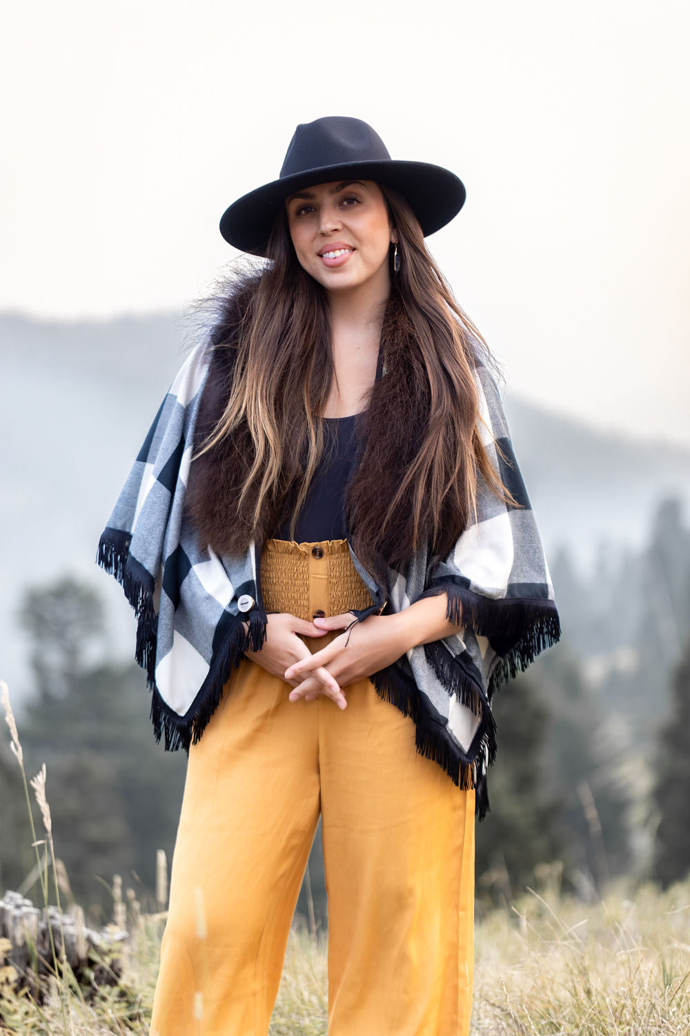 Buffalo Plaid Checked Bison-Trimmed Shawl