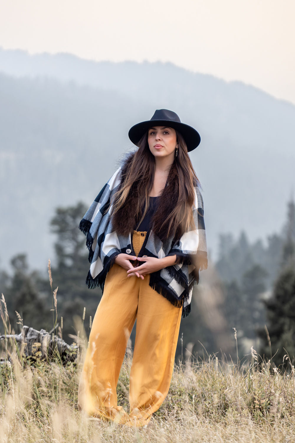 Buffalo Plaid Checked Bison-Trimmed Shawl