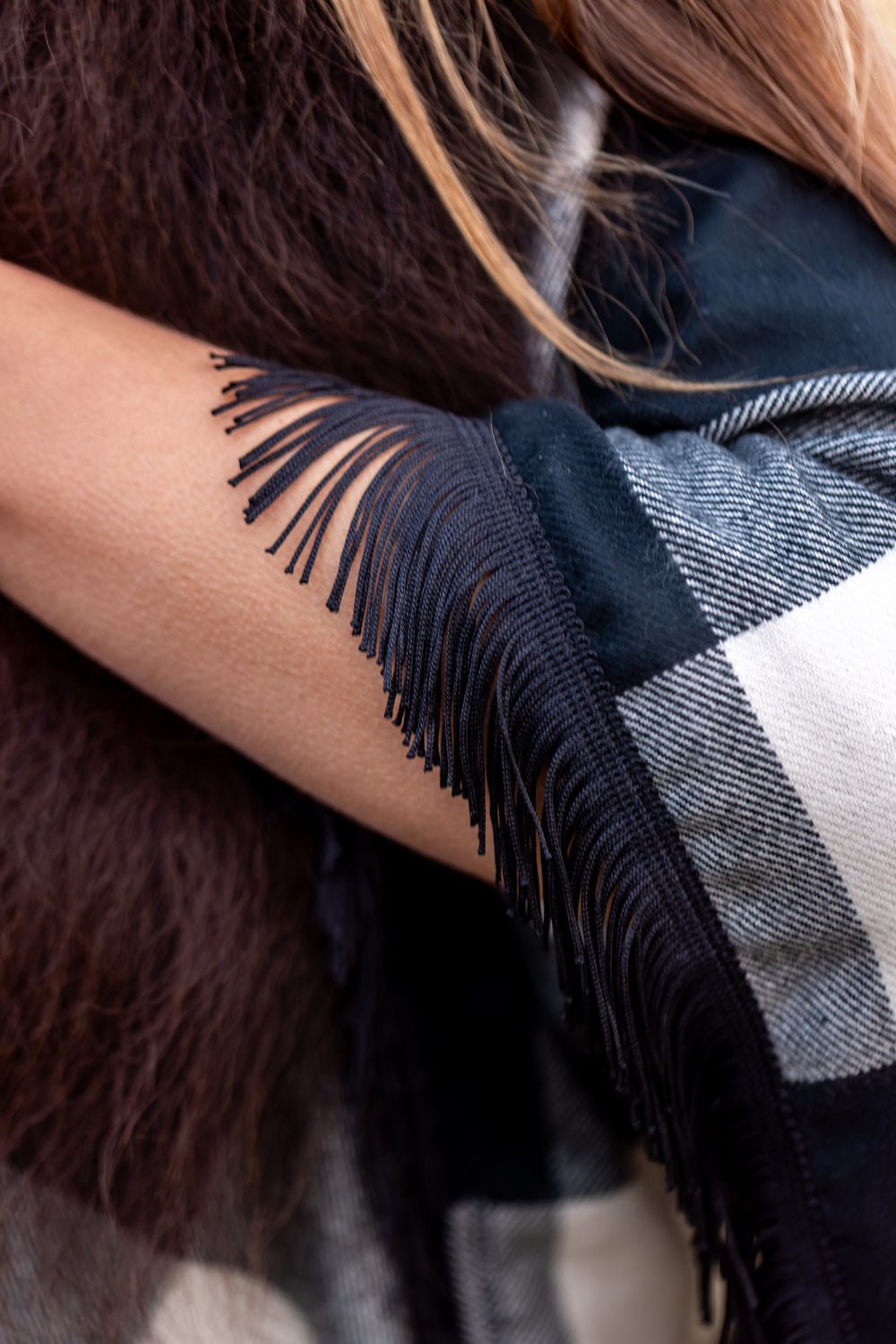 Buffalo Plaid Checked Bison-Trimmed Shawl