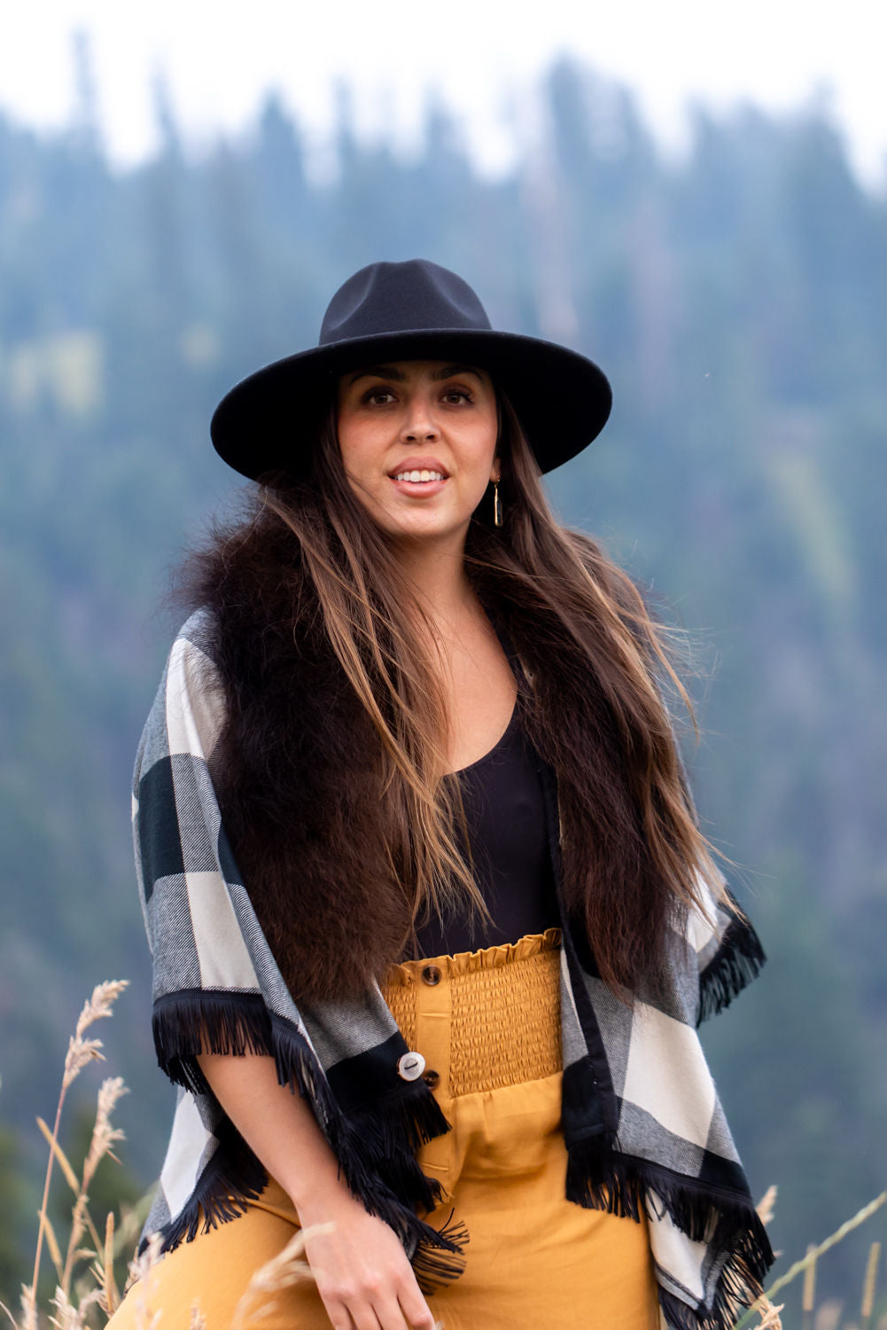 Buffalo Plaid Checked Bison-Trimmed Shawl