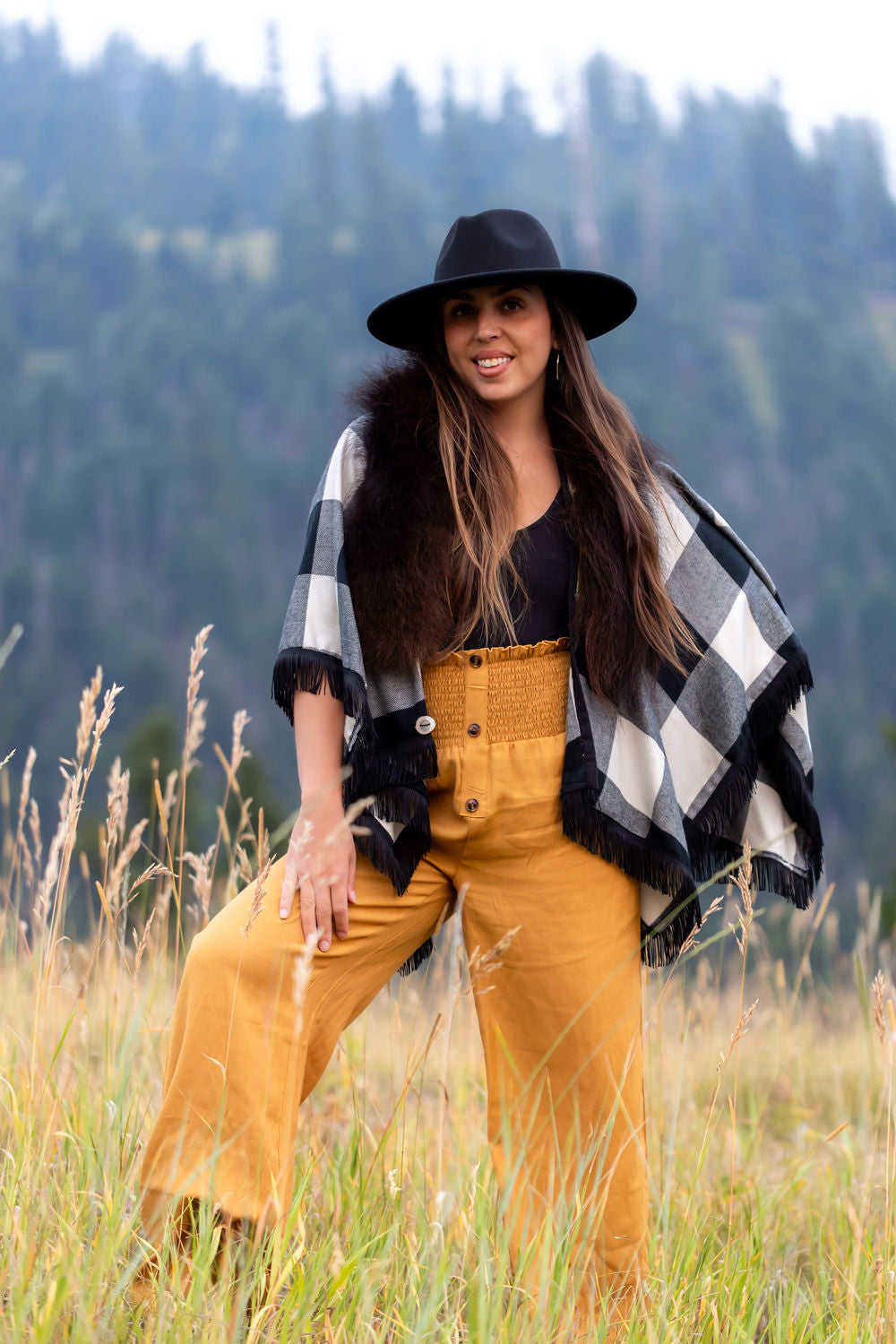 Buffalo Plaid Checked Bison-Trimmed Shawl