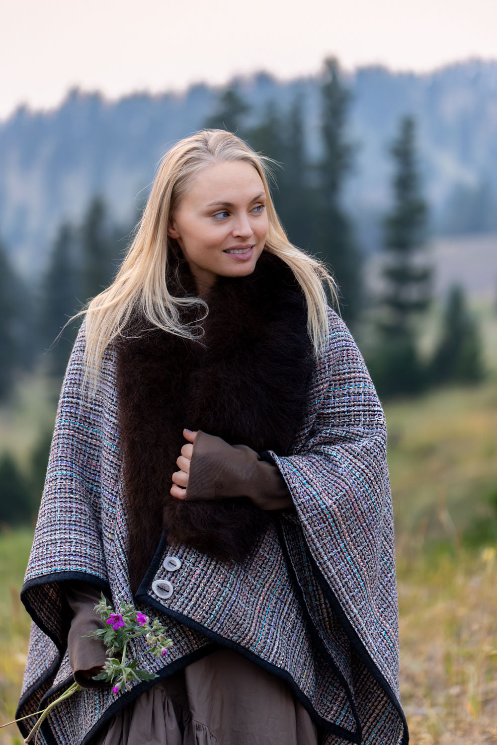 Embracing Joy Woven Wool Shawl with Bison Trim