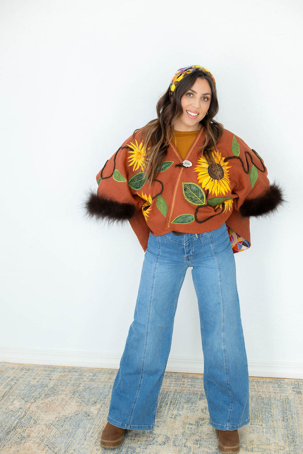 Bison Skull and Sunflowers Linen Capelet