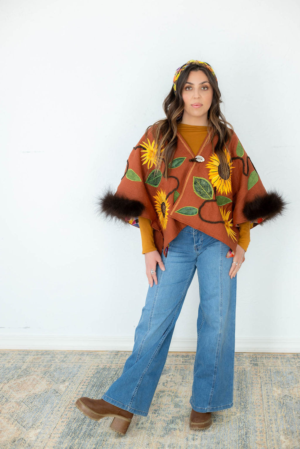 Bison Skull and Sunflowers Linen Capelet