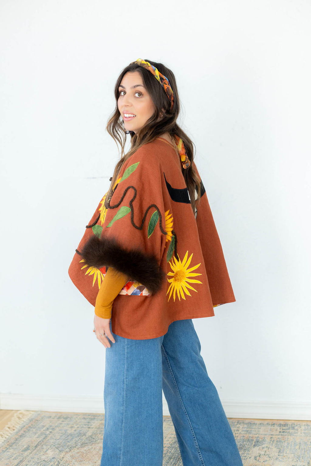 Bison Skull and Sunflowers Linen Capelet