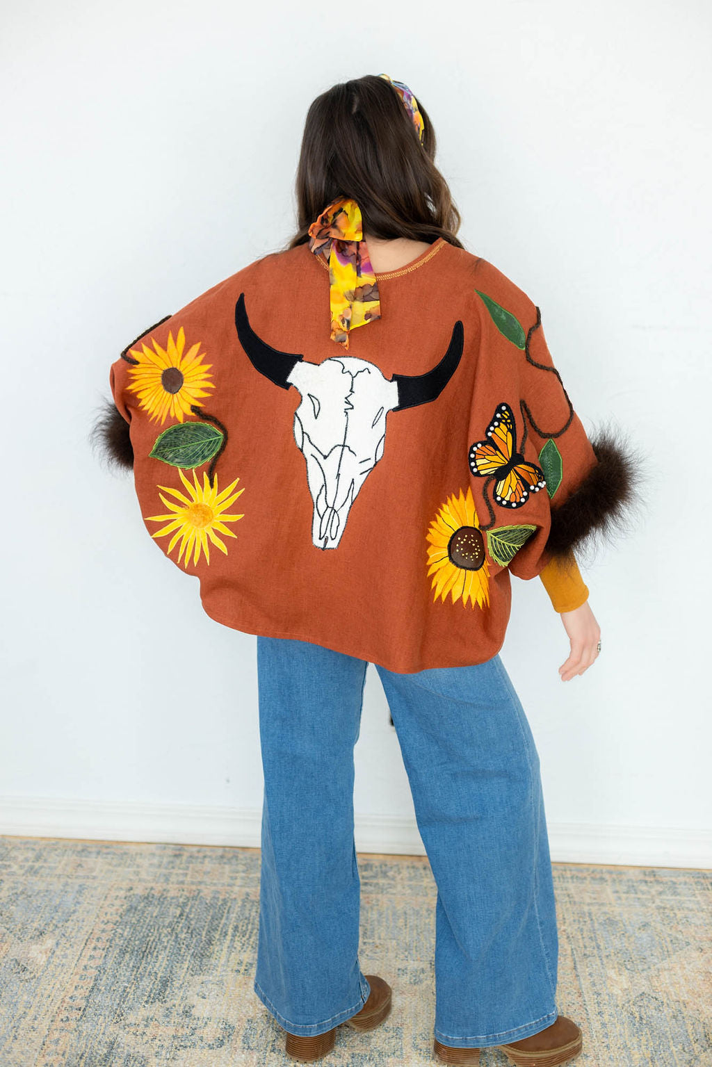 Bison Skull and Sunflowers Linen Capelet