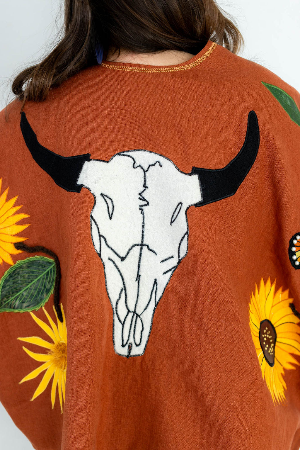 Bison Skull and Sunflowers Linen Capelet
