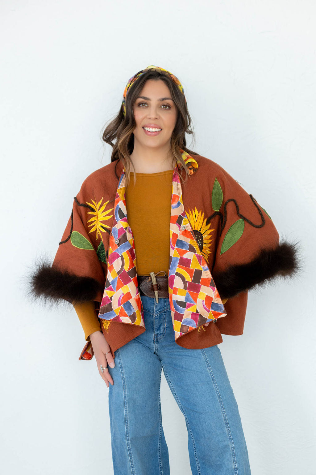 Bison Skull and Sunflowers Linen Capelet