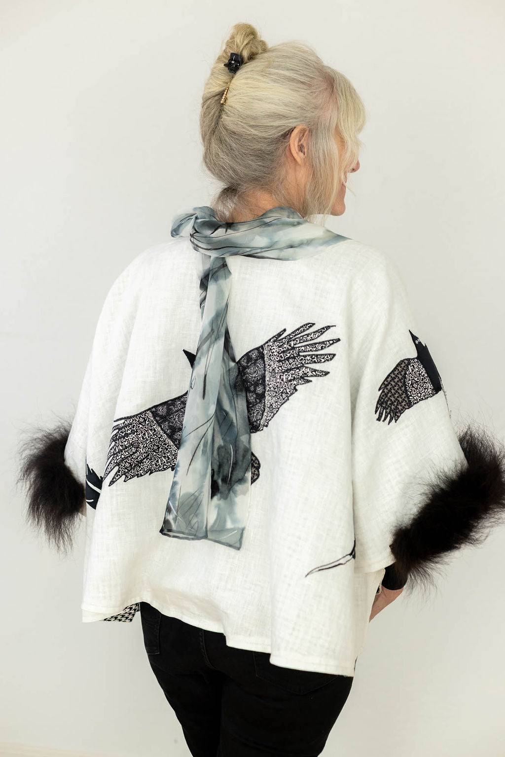Crow Feathers Hand-Painted Silk Scarf