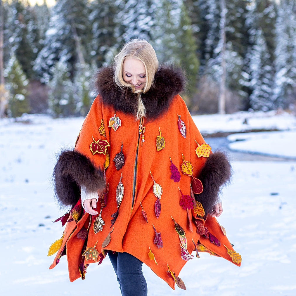 Fall Leaves with Bison Trimmed Wool Cape SOLD