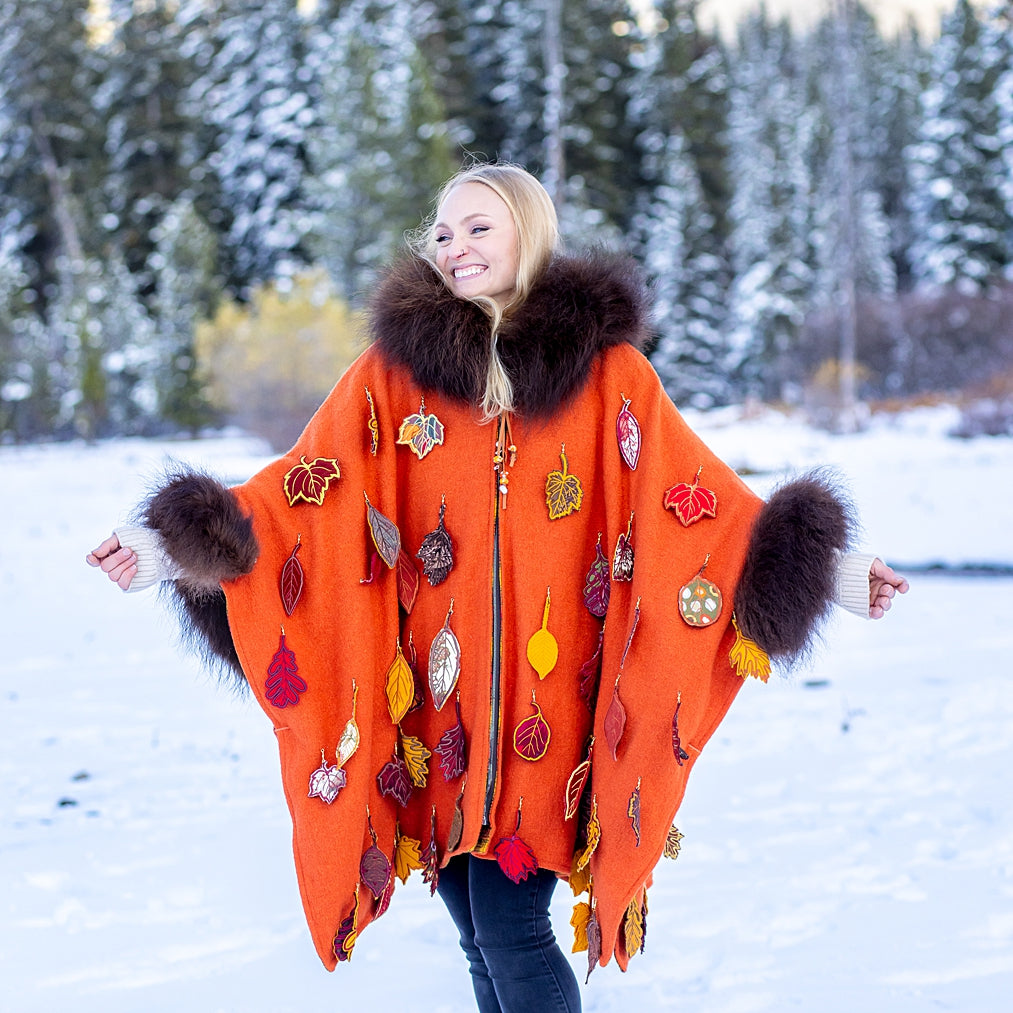 Fall Leaves with Bison Trimmed Wool Cape SOLD