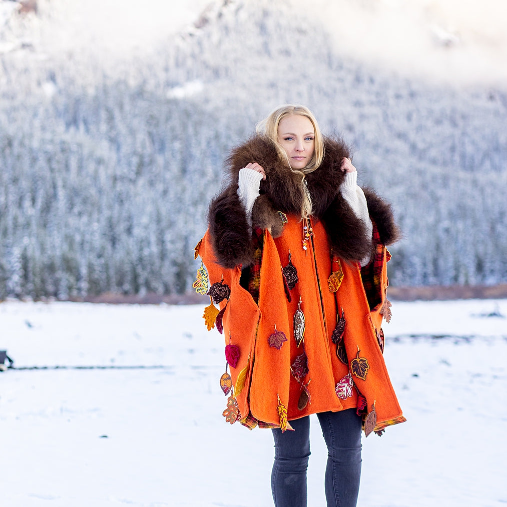 Fall Leaves with Bison Trimmed Wool Cape SOLD