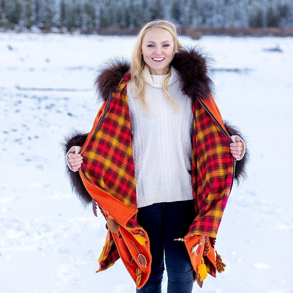 Fall Leaves with Bison Trimmed Wool Cape SOLD