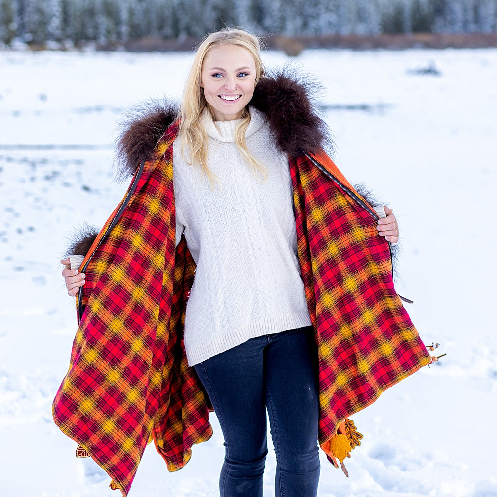 Fall Leaves with Bison Trimmed Wool Cape SOLD