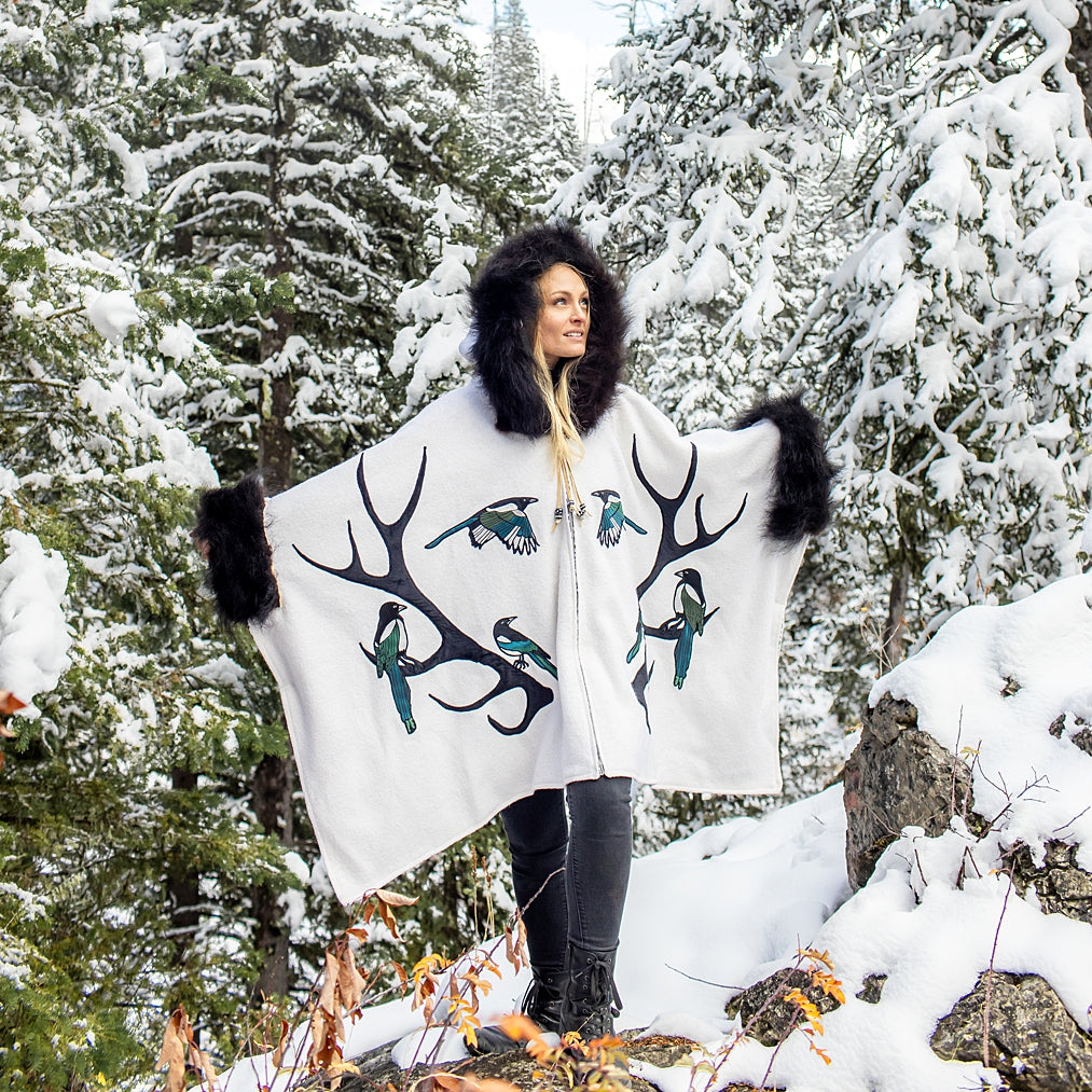 Magpies and Antlers Bison Trimmed Wool Cape