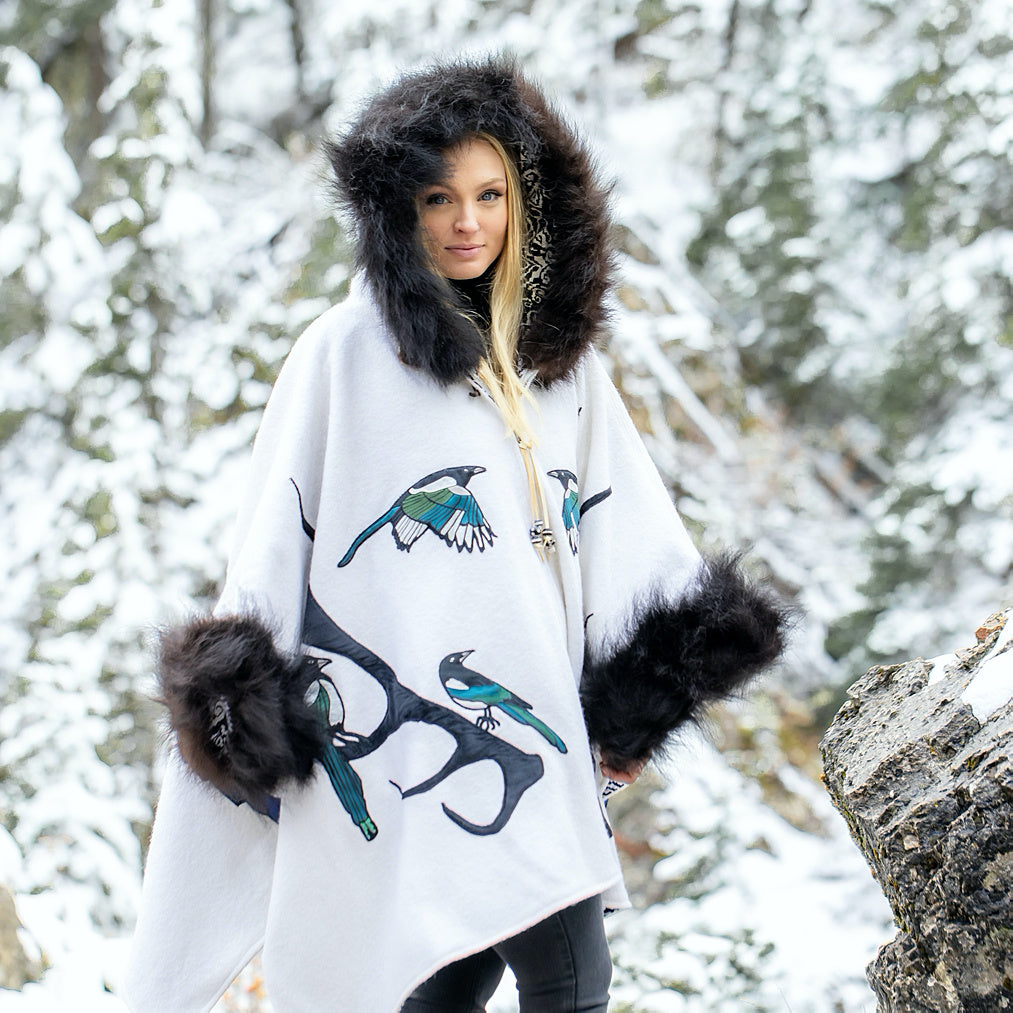 Magpies and Antlers Bison Trimmed Wool Cape